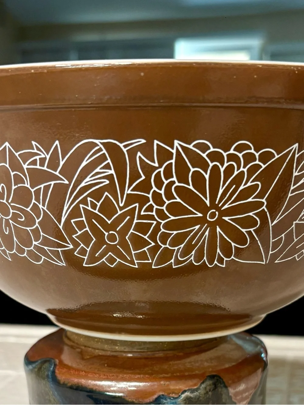 Pyrex Brown Floral Pedestal Bowl with White Outline